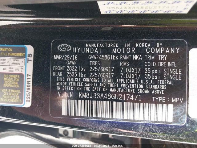 2016 HYUNDAI TUCSON SE VIN: KM8J33A48GU217471