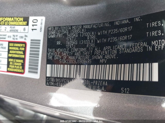 2018 TOYOTA SIENNA LE VIN: 5TDKZ3DC9JS909485