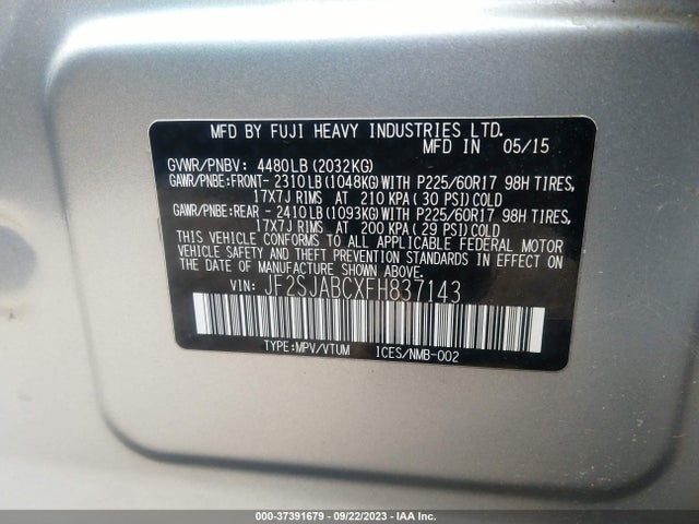 2015 SUBARU FORESTER 2.5I VIN: JF2SJABCXFH837143