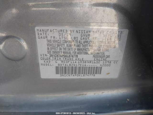 3N1CN7AP0KL874778 Nissan Versa Sedan Sv
