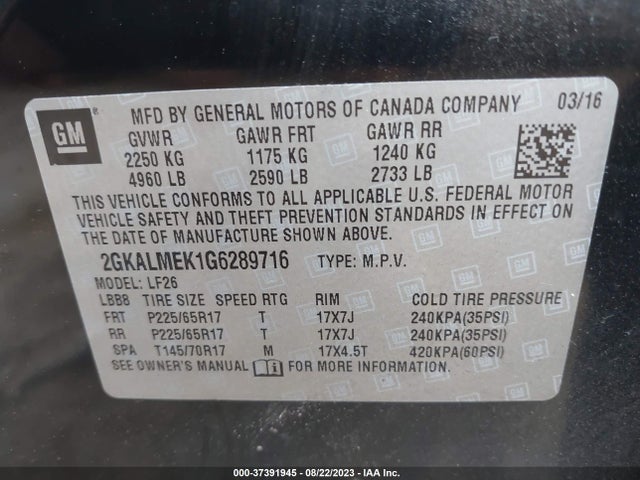 GMC Terrain Sle 2016 2GKALMEK1G6289716 Image 9