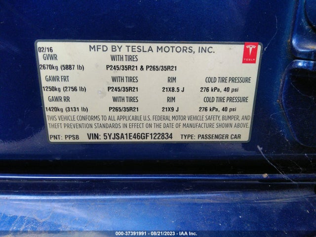 Продаж на аукціоні авто 2016 Tesla Model S 90d/p90d/p100d/p85d, vin: 5YJSA1E46GF122834, номер лоту: 37391991