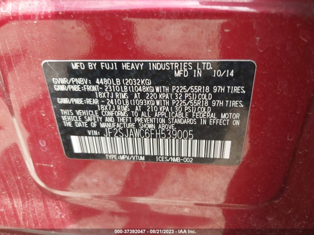 2015 SUBARU FORESTER 2.5I TOURING VIN: JF2SJAWC6FH539005