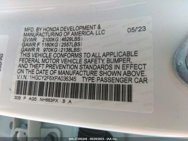 1HGCY2F6XPA036345 Honda Accord Hybrid Ex-l