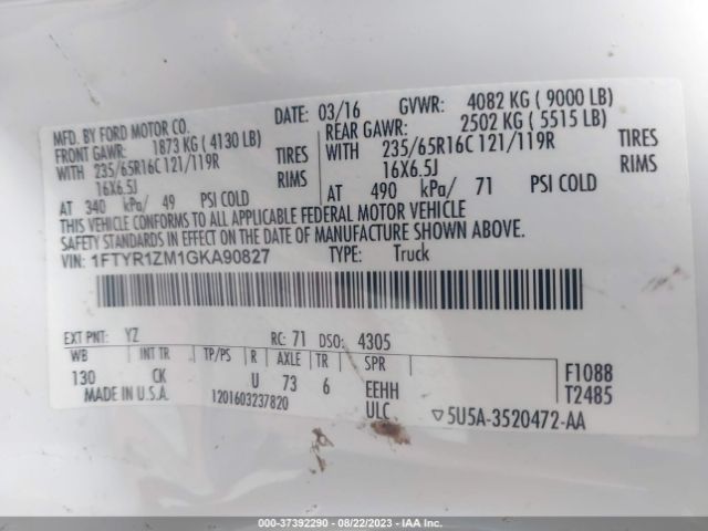1FTYR1ZM1GKA90827 Ford TRANSIT CARGO VAN