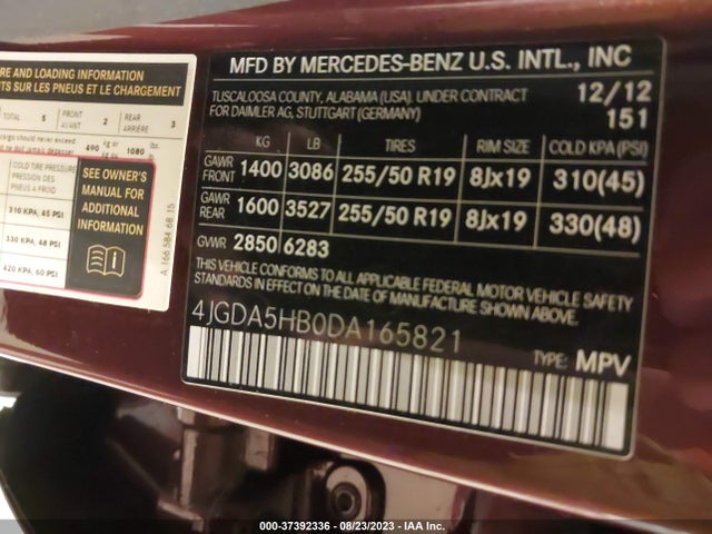 2013 MERCEDES-BENZ M-CLASS ML 350 VIN: 4JGDA5HB0DA165821