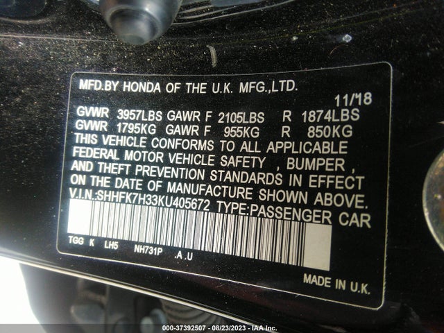 Honda Civic Hatchback Lx 2019 SHHFK7H33KU405672 Image 9