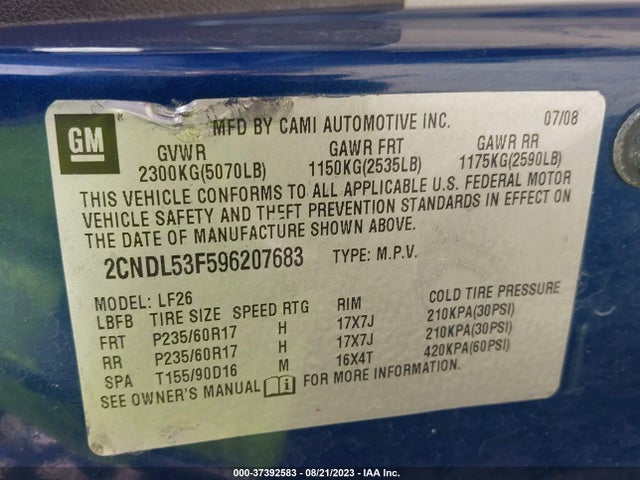 2009 CHEVROLET EQUINOX LT W/2LT VIN: 2CNDL53F596207683