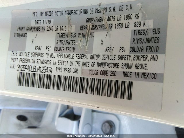 2020 MAZDA MAZDA3 SEDAN SELECT PACKAGE VIN: 3MZBPACL6LM126474