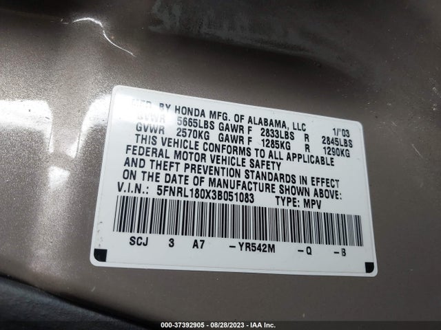 2003 HONDA ODYSSEY EX-L VIN: 5FNRL180X3B051083