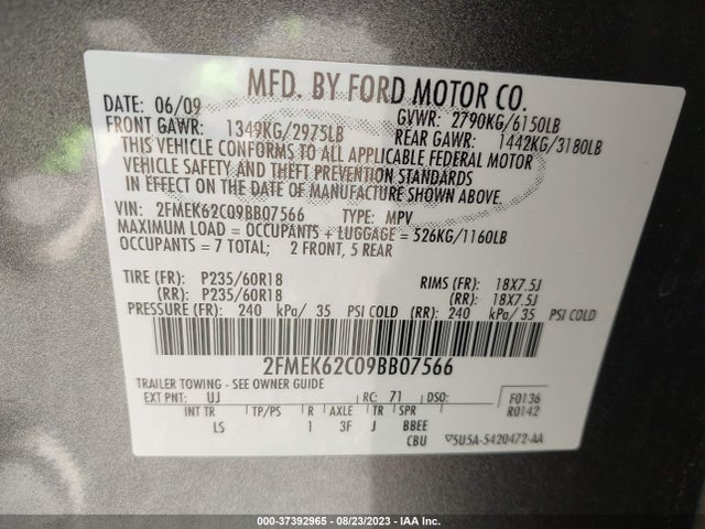 2009 FORD FLEX SEL VIN: 2FMEK62C09BB07566