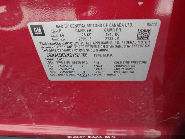 2012 CHEVROLET EQUINOX LT W/1LT VIN: 2GNALDEKXC1321766