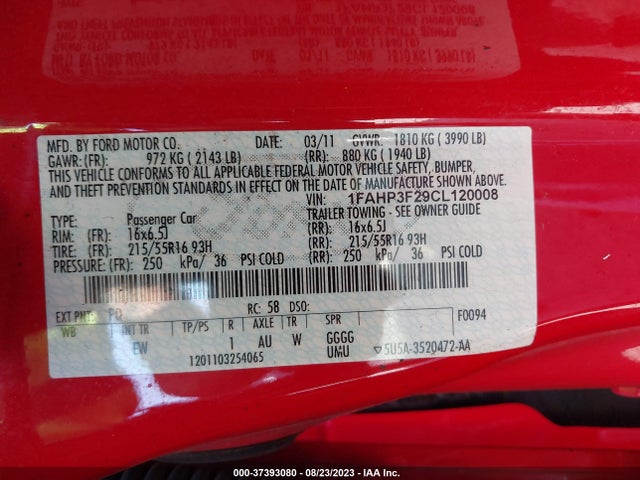 2012 FORD FOCUS SE VIN: 1FAHP3F29CL120008