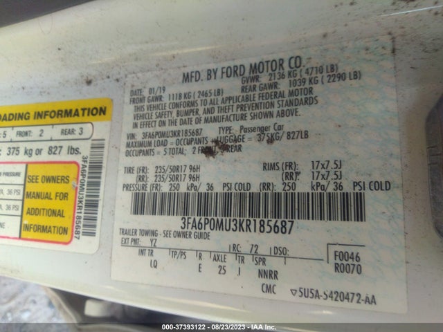 Ford Fusion Hybrid Sel 2019 3FA6P0MU3KR185687 Image 9