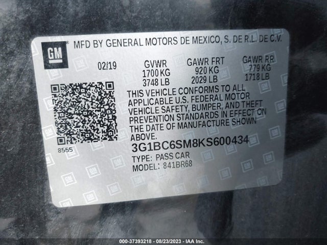 2019 CHEVROLET CRUZE LS VIN: 3G1BC6SM8KS600434