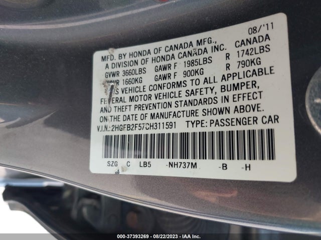 2012 HONDA CIVIC SDN LX VIN: 2HGFB2F57CH311591