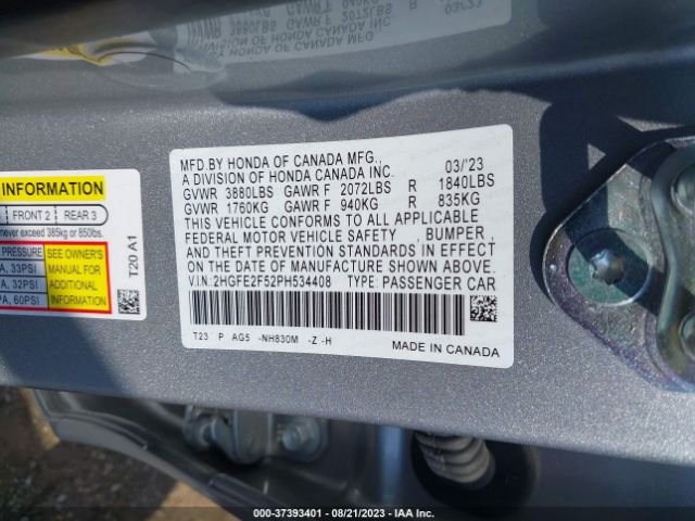 2HGFE2F52PH534408 Honda Civic Sedan Sport