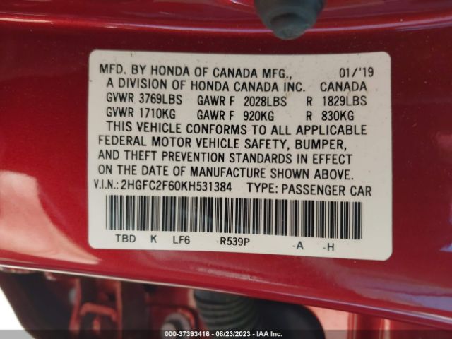 2HGFC2F60KH531384 Honda Civic Sedan Lx