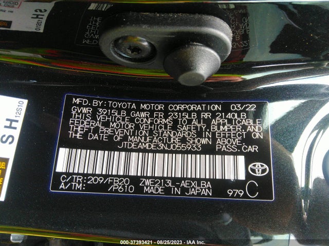 2022 TOYOTA COROLLA HYBRID LE VIN: JTDEAMDE3NJ055933