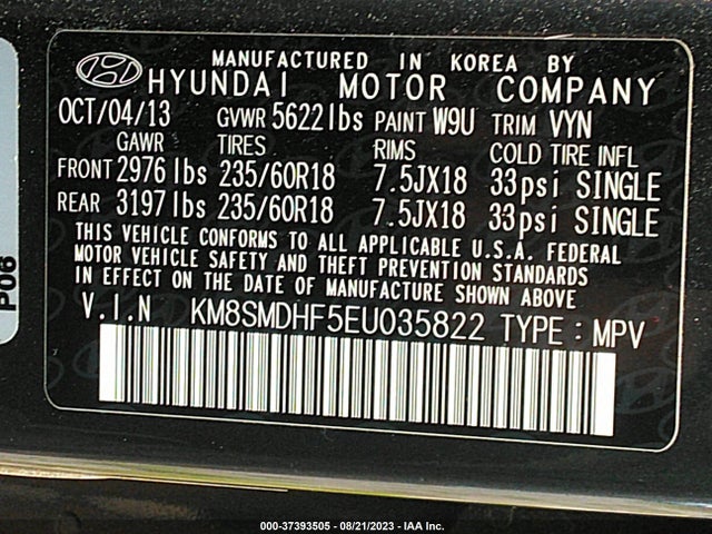 2014 HYUNDAI SANTA FE GLS VIN: KM8SMDHF5EU035822