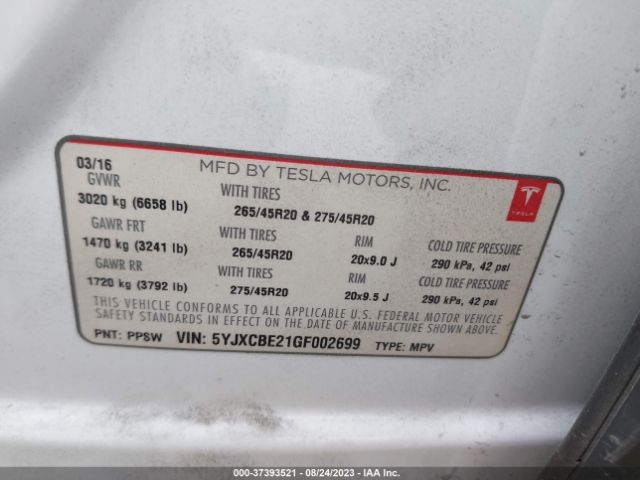 5YJXCBE21GF002699 Tesla Model X 70d/90d/75d/60d/p100d