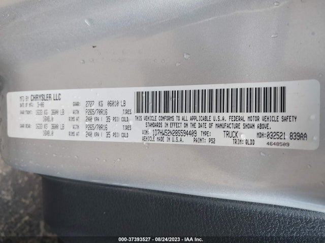 2008 Dodge Dakota Laramie მანქანა იყიდება აუქციონზე, vin: 1D7HW52N28S594409, აუქციონის ნომერი: 37393527