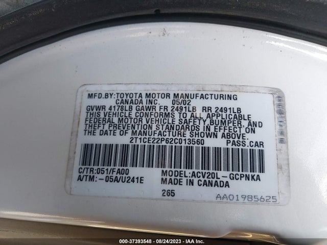 2002 TOYOTA CAMRY SOLARA SE VIN: 2T1CE22P62C013560