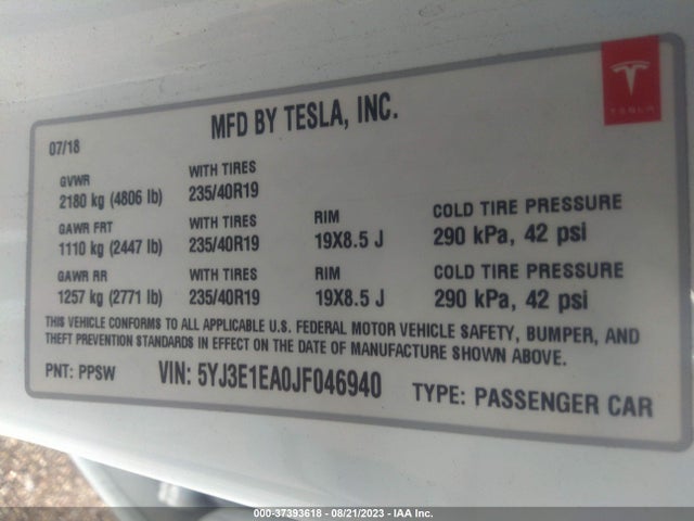 5YJ3E1EA0JF046940 Tesla Model 3 Range Battery