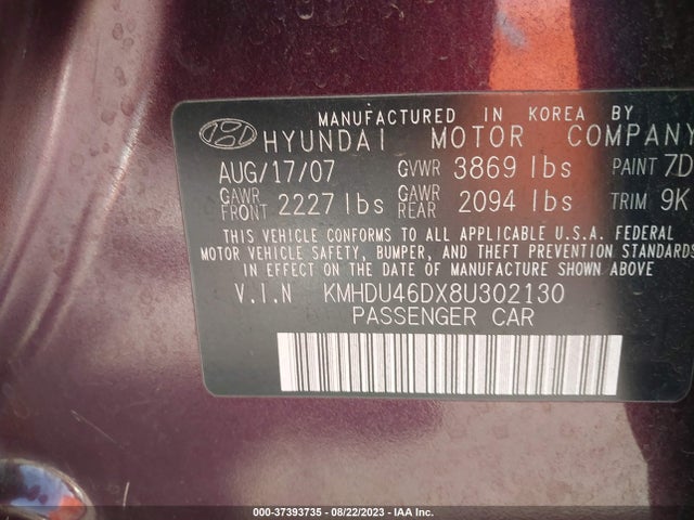 2008 HYUNDAI ELANTRA GLS/SE VIN: KMHDU46DX8U302130
