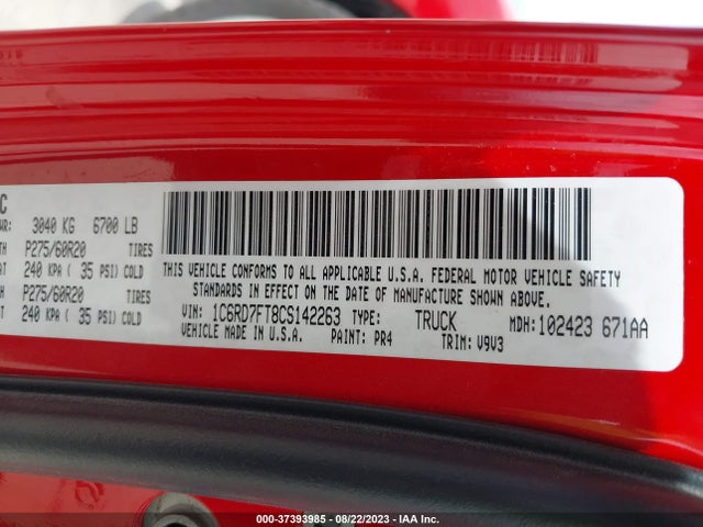 37393985 :رقم المزاد ، 1C6RD7FT8CS142263 vin ، 2012 Ram 1500 Express مزاد بيع