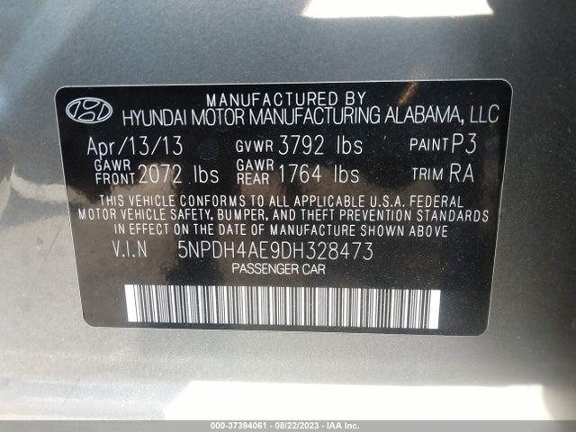 2013 HYUNDAI ELANTRA LIMITED PZEV VIN: 5NPDH4AE9DH328473