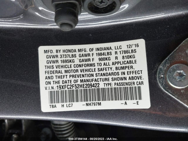 2017 HONDA CIVIC SEDAN LX VIN: 19XFC2F52HE209422