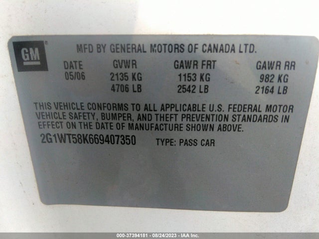 2006 CHEVROLET IMPALA LT 3.5L VIN: 2G1WT58K669407350