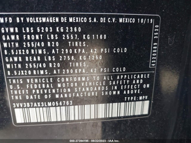 3VV3B7AX3LM054763 Volkswagen Tiguan Se/sel/se R-line Black