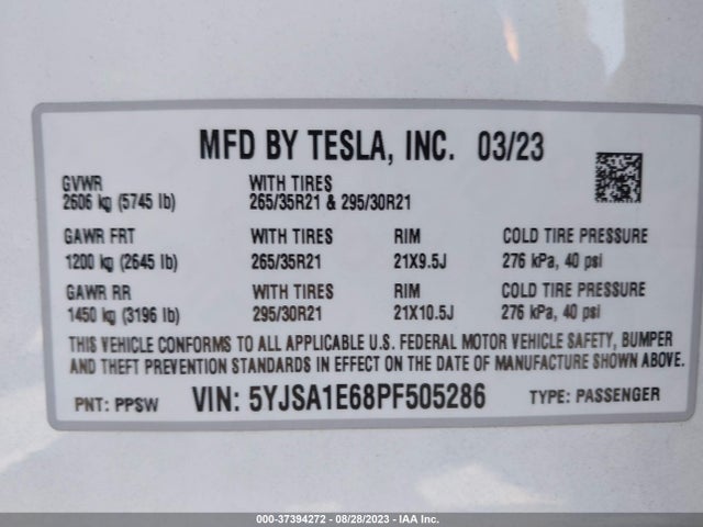 Tesla Model S Plaid 2023 5YJSA1E68PF505286 Image 9