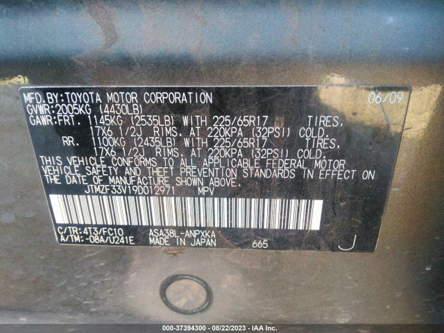 2009 TOYOTA RAV4 VIN: JTMZF33V19D012971