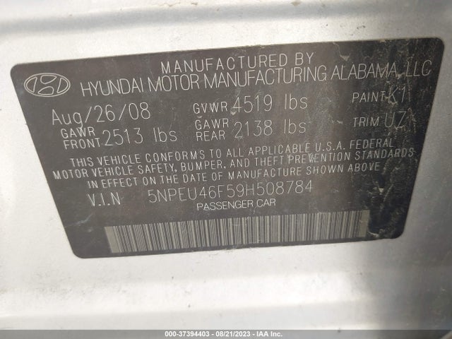 2009 HYUNDAI SONATA LIMITED VIN: 5NPEU46F59H508784