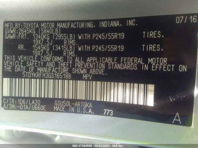 Toyota Highlander Limited 2016 5TDYKRFH3GS165188 Image 9