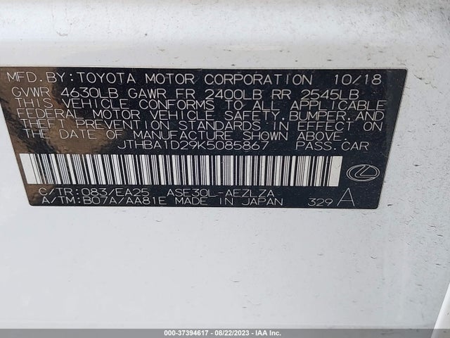 2019 LEXUS IS IS 300 VIN: JTHBA1D29K5085867