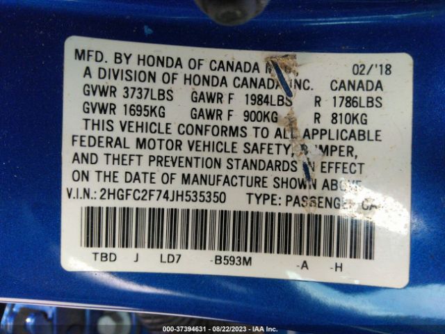 2HGFC2F74JH535350 Honda Civic Sedan Ex