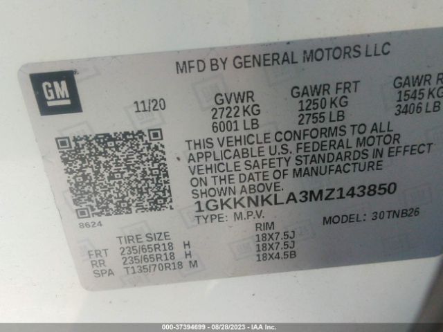 1GKKNKLA3MZ143850 GMC ACADIA SLE