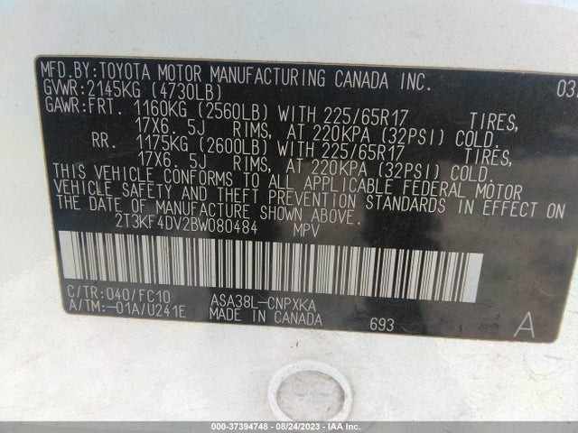 2011 TOYOTA RAV4 VIN: 2T3KF4DV2BW080484