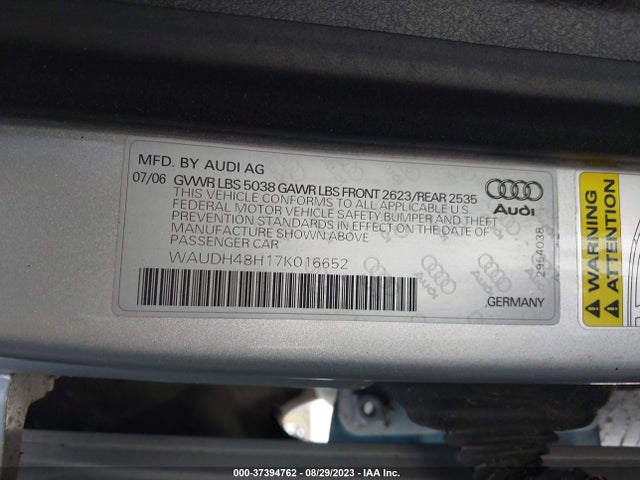 2007 AUDI A4 3.2L VIN: WAUDH48H17K016652