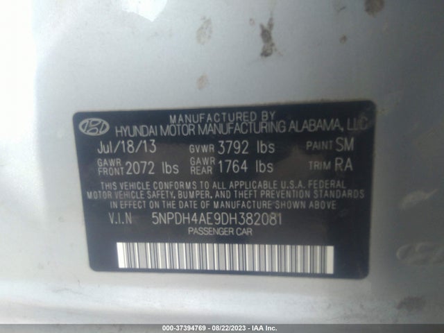 2013 HYUNDAI ELANTRA GLS VIN: 5NPDH4AE9DH382081