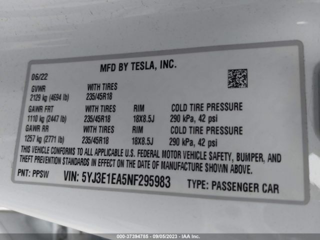 5YJ3E1EA5NF295983 Tesla MODEL 3