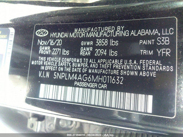 2021 HYUNDAI ELANTRA SEL VIN: 5NPLM4AG6MH011632