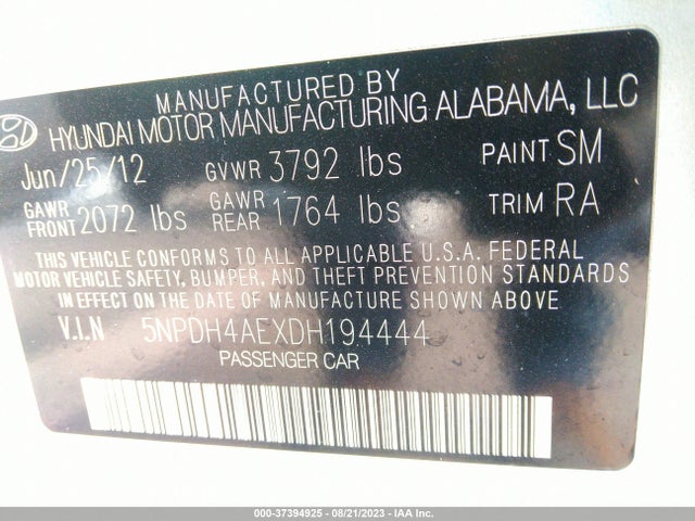 2013 HYUNDAI ELANTRA GLS VIN: 5NPDH4AEXDH194444