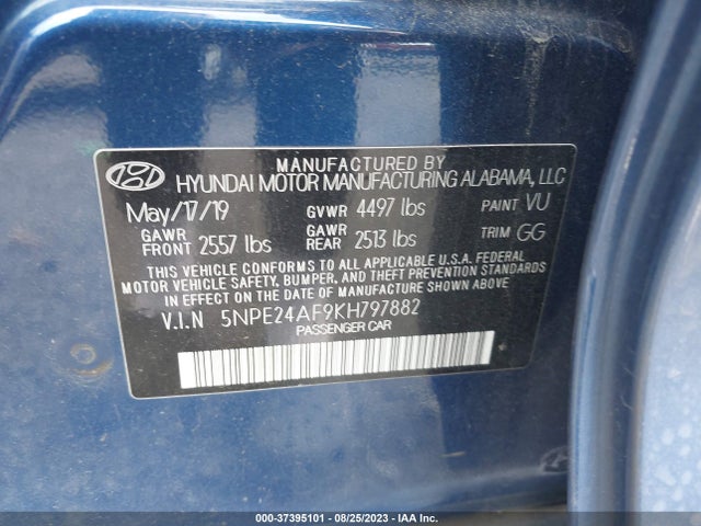 2019 HYUNDAI SONATA SE VIN: 5NPE24AF9KH797882