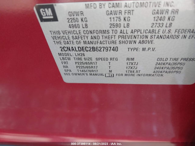2011 CHEVROLET EQUINOX LT W/1LT VIN: 2CNALDEC2B6279740