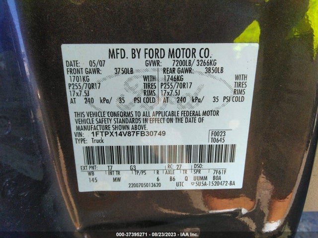 2007 FORD F-150 XLT/FX4/LARIAT/XL VIN: 1FTPX14V87FB30749